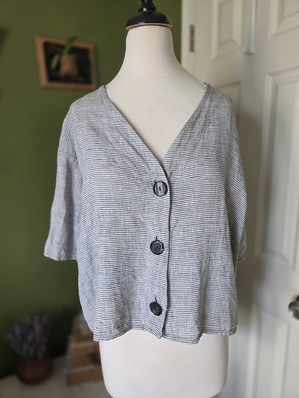 Flax Striped Button Front Top